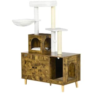 Litter Box Enclosure with Cat Tree Tower, Hidden Cat Washroom Furniture with Condo, Scratching Posts, Rustic Brown