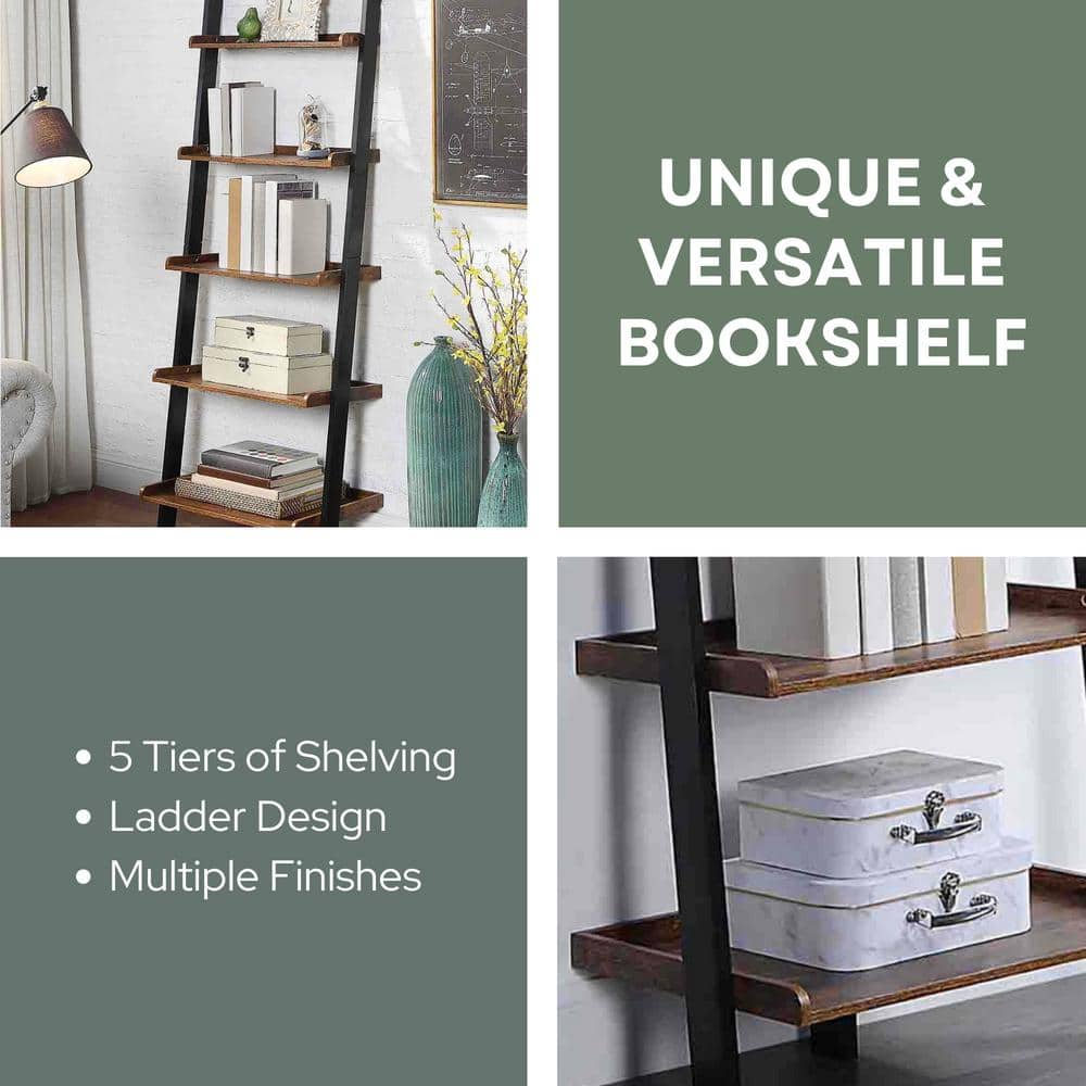 Barnwood and Black Adjustable Wood Ladder Bookshelf