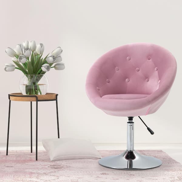 HOMCOM Pink Modern Makeup Vanity Chair Round Tufted Swivel Accent Chair with Chrome Frame Height Adjustable