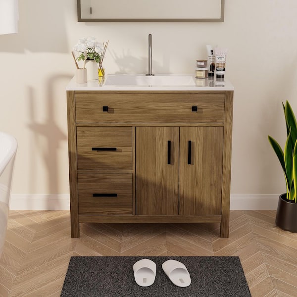 Natural Wood 36 in. Single Sink Freestanding Bath Vanity with White Resin Top and 3-Drawers