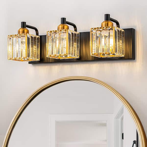 Orillia 18.7 in. 3-Light Black Gold Bathroom Vanity Light with Crystal Shades