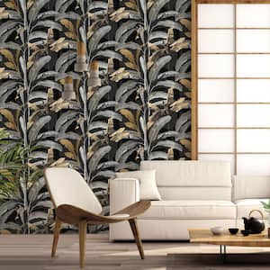 Into The Wild Black Metallic Banana Tree Leaves Non-Pasted Non-Woven Paper Wallpaper Roll