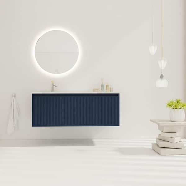 47.6 in. W x 18.2 in. D x 18.2 in. H Floating Bath Vanity with Drop-Shaped White Resin Top in Navy Blue