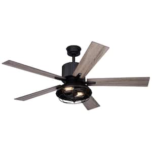 Elkhart 52 in. Indoor Black Ceiling Fan with Remote and Industrial LED Cage Light Kit