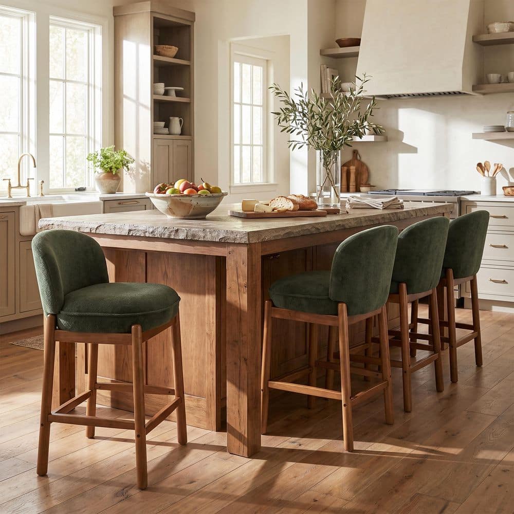 Modern 26.5 in. H Walnut Finish Wood Frame Green Fabric Upholstered Counter Height Bar Stools with Footrest, Set of 4