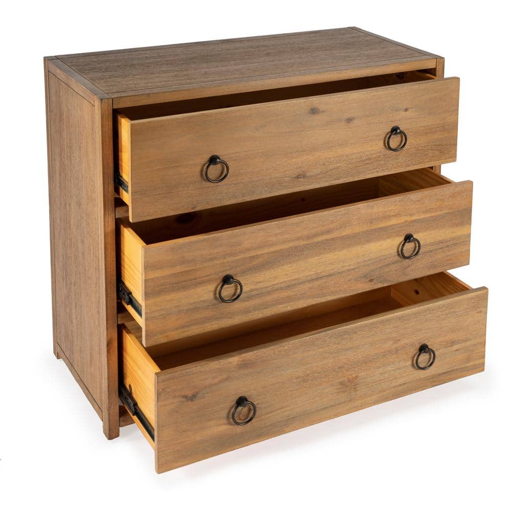Natural Wood 3-Drawer Chest with Black Metal Hardware