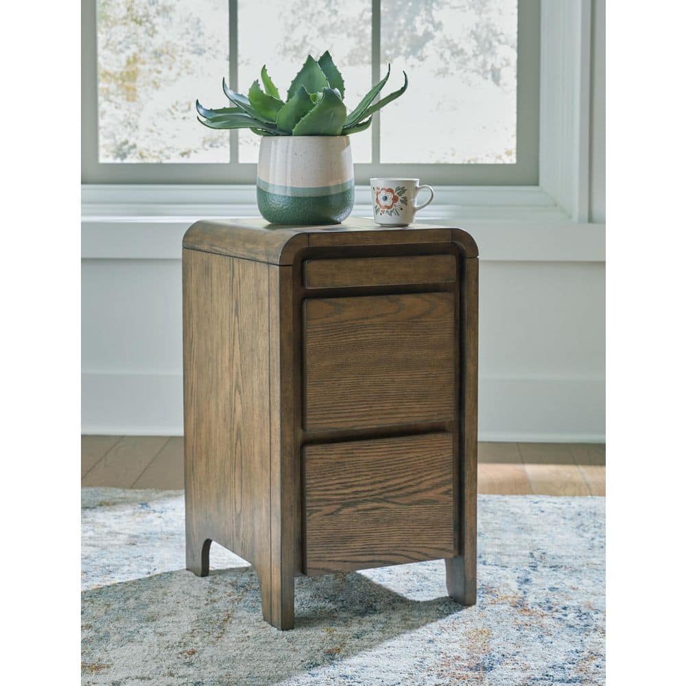 Light Brown Wood Rectangular End Table with Storage and USB Ports