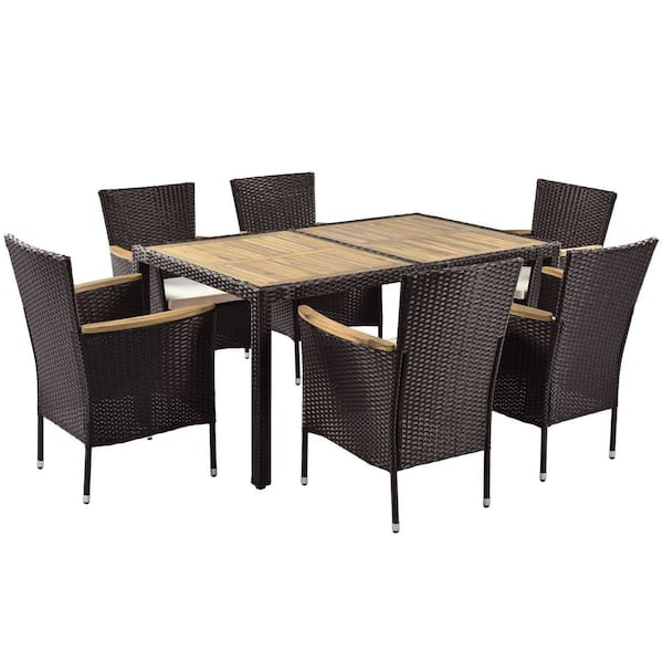 Miscool Anky 7-Piece Wicker Rectangle Outdoor Dining Set Brown Top with Beige Cushions