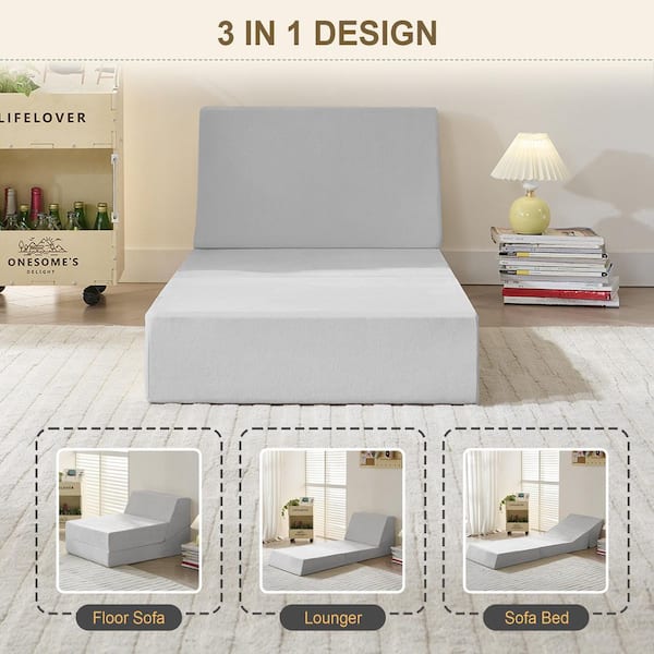 6 in.Twin Medium Folding Memory Foam Gray Sofa Mattress, Living Room Bedroom Convenience Boxed Set