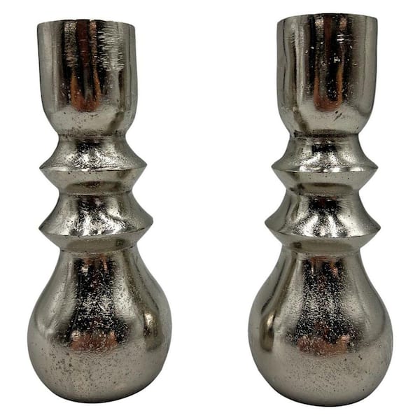 Silver 7 in. Decorative Modern Aluminum Metal Candle Holder (Set of 2)