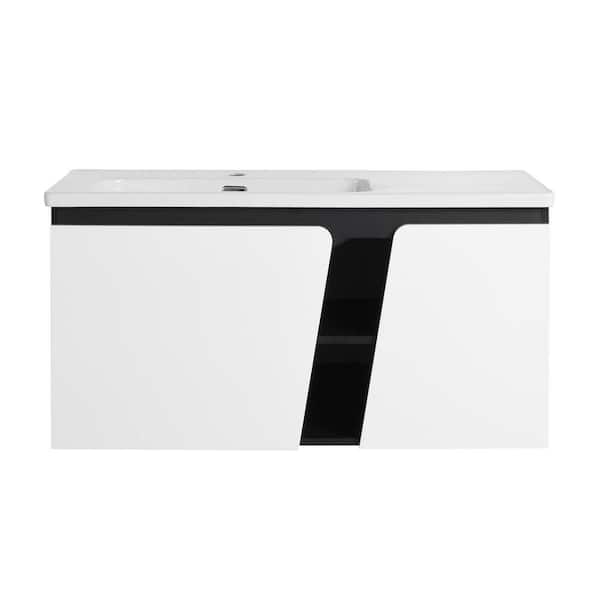 FUNKOL 40 in. W x 20 in.D x 20 in. H Single Sink Wall Mounted Bath Vanity in Black+White with White Ceramic Top