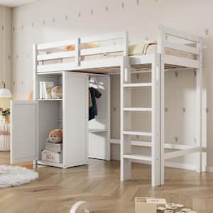 White Wood Frame Twin Size Loft Bed with Wardrobe, Cabinet, Storage Shelves