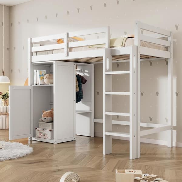Harper & Bright Designs White Wood Frame Twin Size Loft Bed with Wardrobe, Cabinet, Storage Shelves