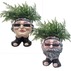 13 in. H Biker Dude and Babe Painted Muggly Face Planter in Motorcycle Attire Statue Holds 4 in. Pot