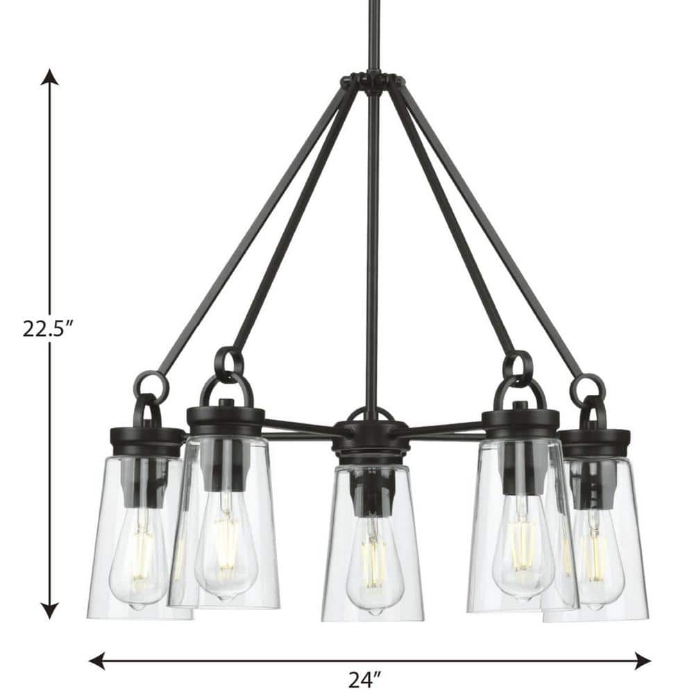 Matte Black Steel 5-Light Farmhouse Chandelier with Clear Glass Shades
