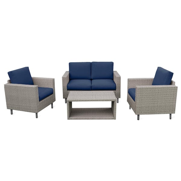 Leisure Made Tybee 4-Piece Wicker Patio Conversation Set with Navy Cushions