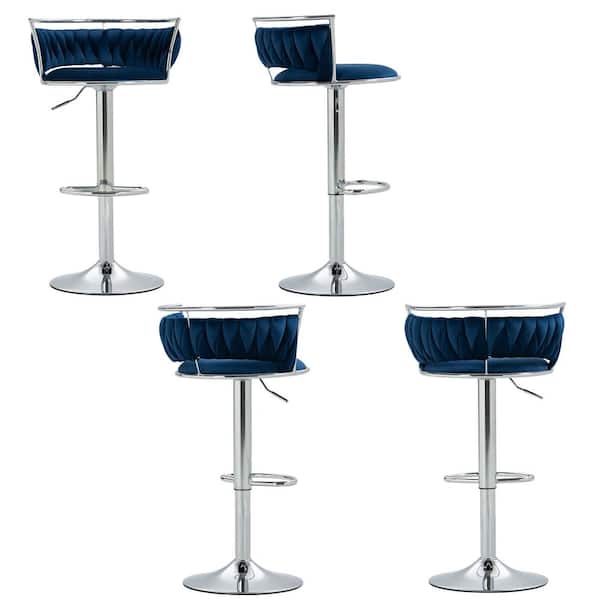 Uixe 38.5 in. Modern Silver Metal Frame Low Back Swivel Adjustable Height Bar Stool with Navy Blue Velvet Seat (set of 4)