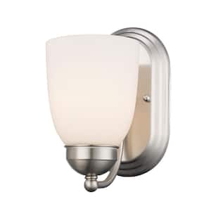 Clayton 1-Light Brushed Nickel Indoor Wall Sconce Light Fixture with Frosted Glass Shade
