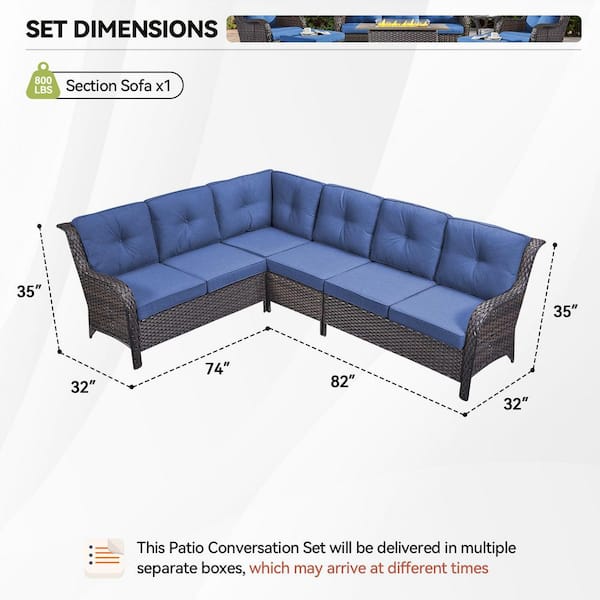 2-Piece Brown Wicker Outdoor Sectional Set with Olefin Blue Cushions/L-Shaped Sofa for Patio Furniture