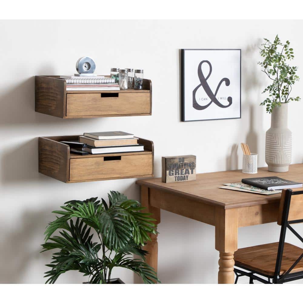 Rustic Brown Wood Floating Shelf with Drawer, 21"