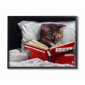 11 in. x 14 in. "Cat Reading a Book in Bed Funny Painting" by Artist Lucia Heffernan Framed Wall Art