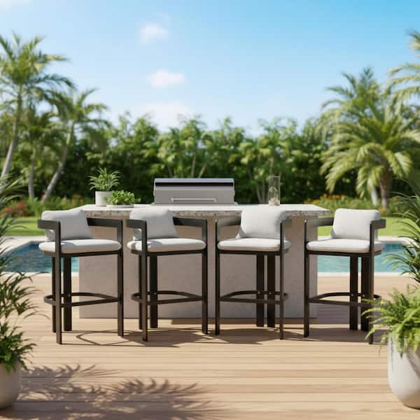 Kelmor Modern Patio Black Aluminum Frame Outdoor Bar Stools with Grey Cushion, Set of 4