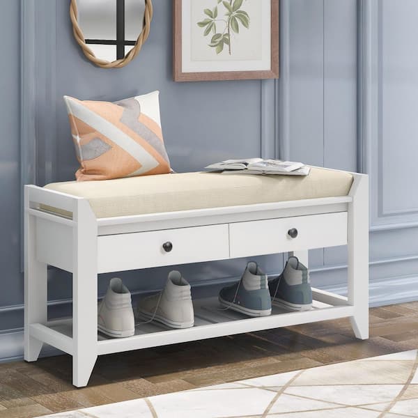 Phineas 19.80 in. H x 39.00 in. W White Wood Shoe Storage Bench with Cushioned Seat and Drawers