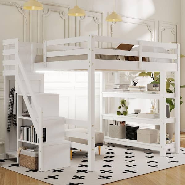 White Full Wood Loft Bed with Shelves, Storage Staircase, Small Wardrobe and White LED Light