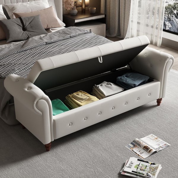63 in. Beige No-Tool Assembly Tufted End of Bed Bench with Storage, 500 lbs. Capacity