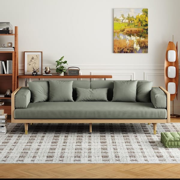 JASIWAY 82.7 in. W Square Arm Linen Modern Rectangle Sofa in. Green-Burlywood Frame