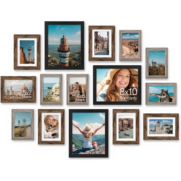 5x7 Multiple sizes Matted Dark Grey Plastic Hanging Picture Frame Set of 15