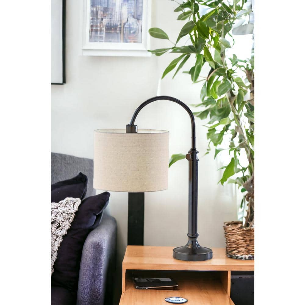 Antique Bronze Adjustable Arc Table Lamp with Linen Shade