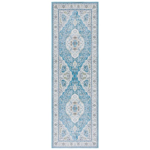 SAFAVIEH Tucson Turquoise/Beige 3 ft. x 8 ft. Machine Washable Floral Border Runner Rug