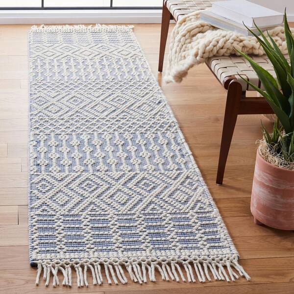 Natura 2 ft. x 10 ft. Ivory/Blue Geometric Tribal Runner Rug