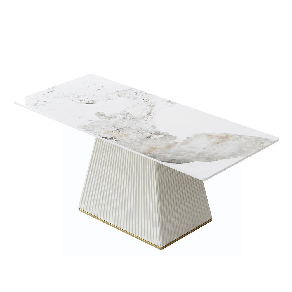 78.74 in. Rectangle Beige Sintered Stone Top Pedestal Dining Table With Steel Base Seats 10 Plus