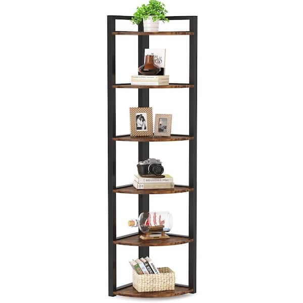 BYBLIGHT Eulas 71 in. Tall Brown Engineered Wood 6-Shelf Etagere Bookcase, Corner Bookshelf Standing Storage Rack for Living Room