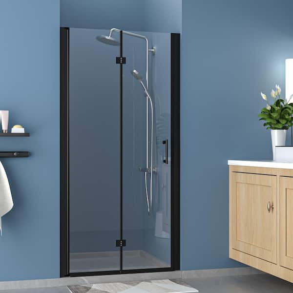 LORDEAR 32 to 33-3/8 in. W x 72 in. H Bifold Semi-Frameless Shower Door in Matte Black Finish with Clear Glass