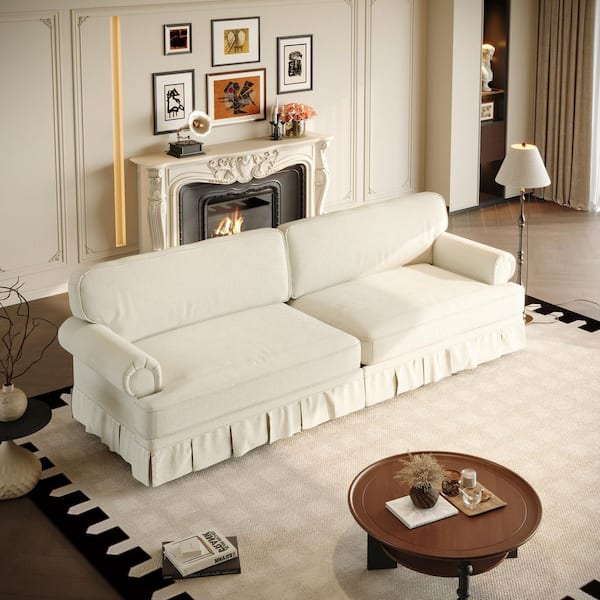 Roswell Mid Century 93.7 in. Rolled Arm Chenille Fabric Rectangle Sofa in Beige+White