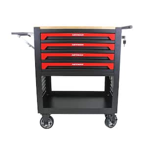 4-Tier Metal 4-Wheeled Cart in Black with Wood Top