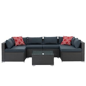 7-Piece Gray PE Wicker Outdoor Sectional Sofa Set with Dark Gray Cushions and Tempered Glass Coffee Table