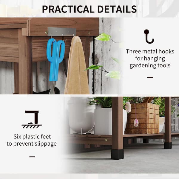 Outsunny - 45.25 in. W x 48.5 in. H Dark Brown Potting Bench Table, Outdoor Garden Table Wooden Work Station with Removable Sink