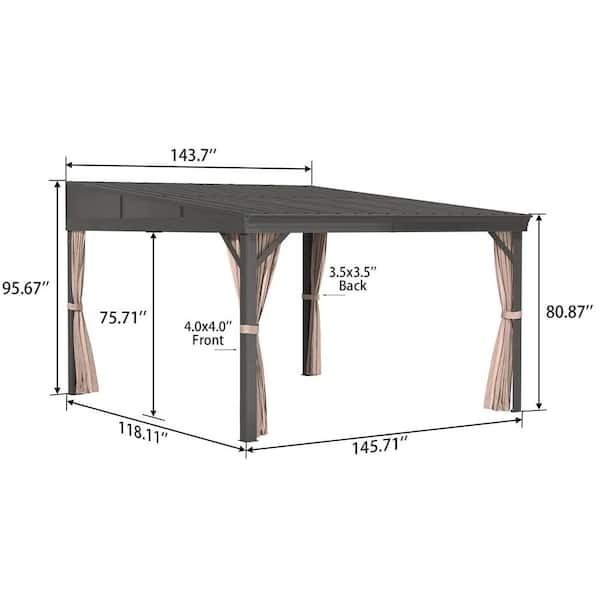 10 ft. x 12 ft. Outdoor Patio Aluminum Frame Lean-To Hardtop Gazebo with Galvanized Steel Roof, Curtains and Netting