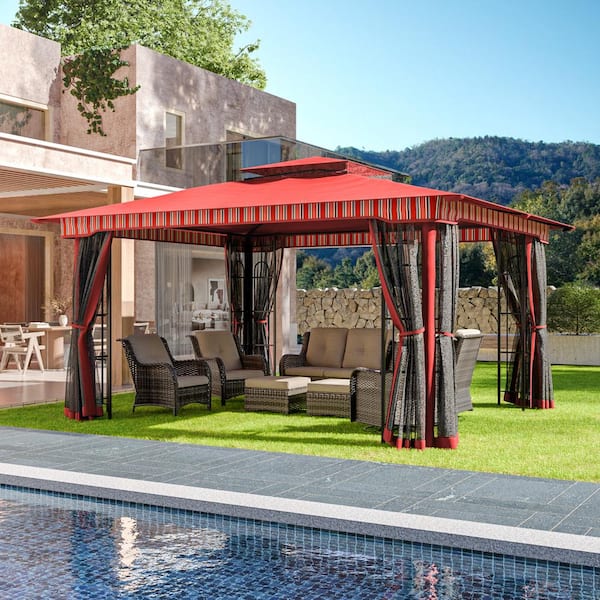 13 ft. x 11 ft. Red Steel Outdoor Patio Gazebo with Mosquito Netting