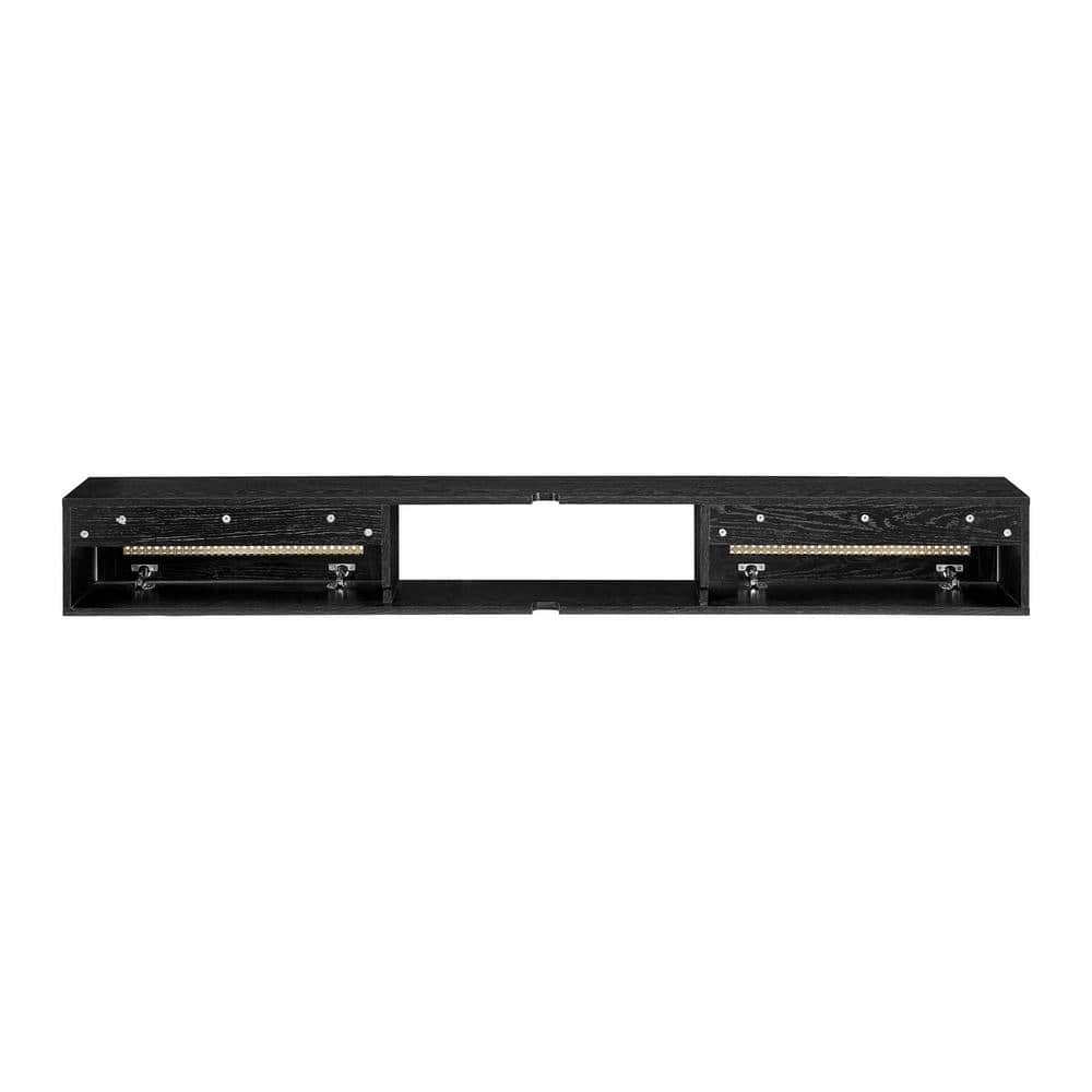 70" Black Wood Floating TV Stand with Rattan Doors