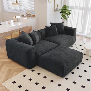 102.3 in. Square Arm Corduroy Velvet 3-Pieces Modular Free Combination Sectional Sofa with Ottoman in Black