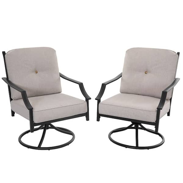 Black 2-Piece Metal Swivel Outdoor Rocking Chair with Beige Padded Olefin Cushion and Pillow