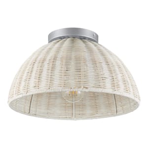 Highler 13 in. Silver Flush Mount with White Rattan Shade