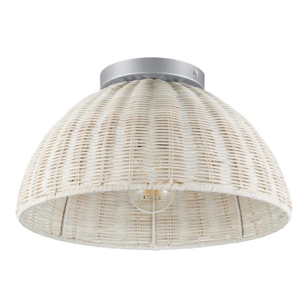 Hampton Bay Highler 13 in. Silver Flush Mount with White Rattan Shade