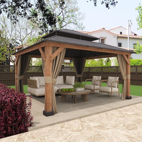 15 ft. x 13 ft. Wood Grain Aluminum Gazebo with Steel Roof, Ceiling Hook, Mosquito Netting, and Curtains