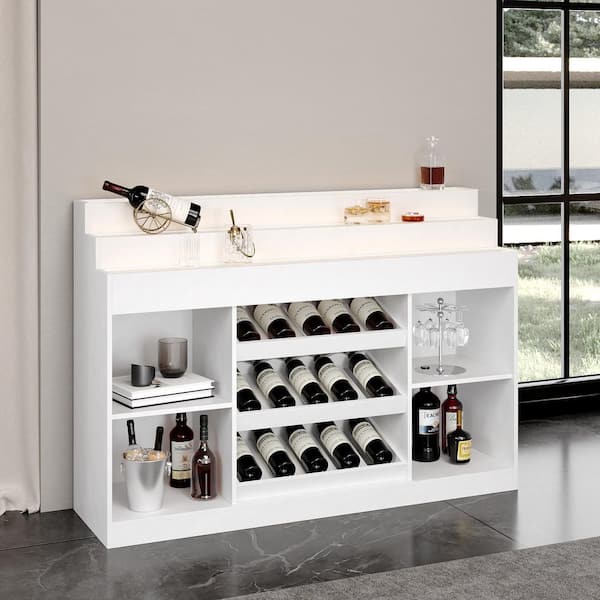 15+ Bottle White Wine Cabinet with 4 Open Shelves, 3 Wine Rack, Glass Top and LED Light